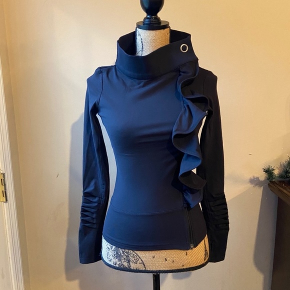 EUC Karma black size L San SUU zip up jacket ruffle detail